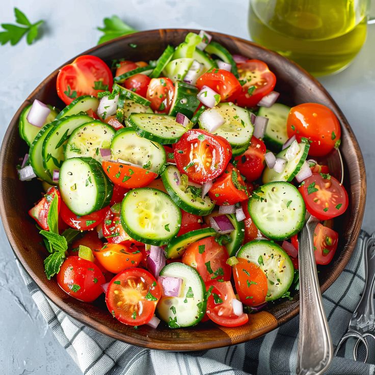 a wooden bowl filled with cucumber, tomatoes and onion salad next to a bottle of olive oil