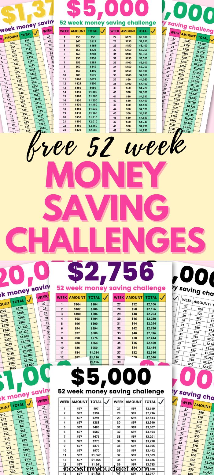 the free 5 week money saving challenge is shown in pink, green and blue colors