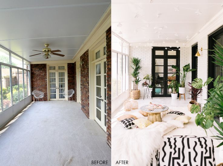 before and after photos of a sunroom with large windows, carpeted flooring and white walls