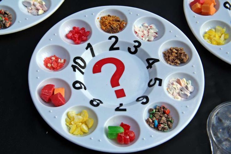 three white plates with different types of food on them, one has a question mark in the middle