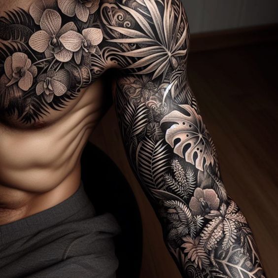 a man with tattoos on his arms and chest