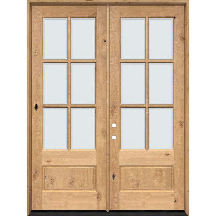 8'0" Tall 6-Lite Low-E Knotty Alder Prehung Wood Double Door Unit - Door Clearance Center Double Door Entryway The Home Depot, Tall Front Door Threshold, Solid French Front Door, Farmhouse Doors Exterior Front Entrances, Deck Doors, Cheap French Doors, Wood Double Door, Mahogany Door, Garden Gym