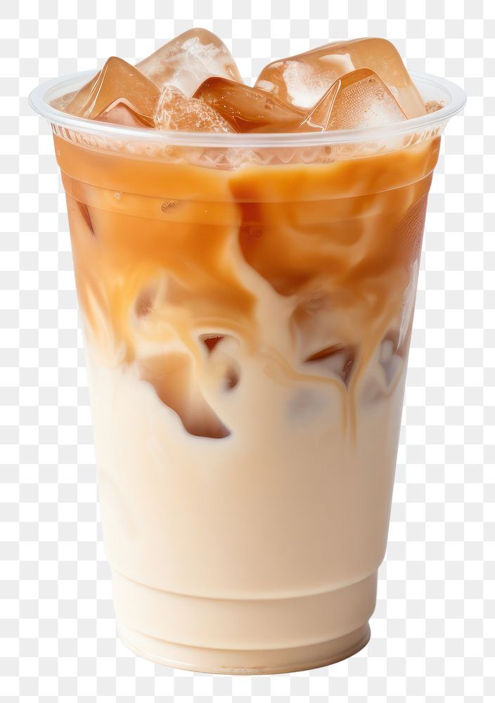 an iced drink with ice and caramel on the top is in a plastic cup