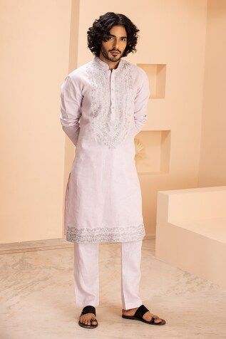 Baby pink linen kurta with zari and metal work embroidery. Paired with a contrasting plain aligadhi. - Aza Fashions Cotton Sherwani With Gota Work For Wedding, Festive Linen Traditional Wear With Resham Embroidery, Traditional Linen Kurta With Resham Embroidery, Festive Linen Kurta For Eid, Embroidered Linen Traditional Wear, Traditional Embroidered Linen Wear, Festive Fitted Linen Sets, Fitted Linen Sets For Festive Season, Traditional Linen Kurta For Eid