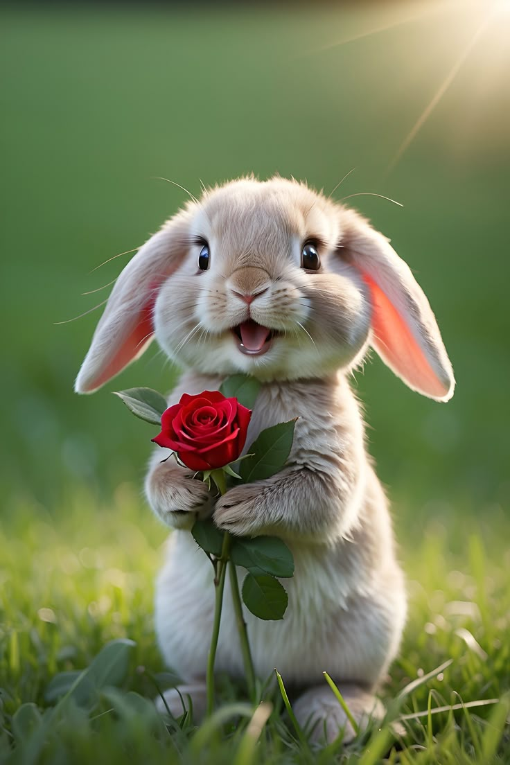 a small rabbit holding a red rose in its mouth while sitting on the grass with it's front paws up