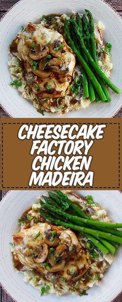 two plates with chicken, asparagus and mushrooms on them next to the words cheesecake factory chicken madera