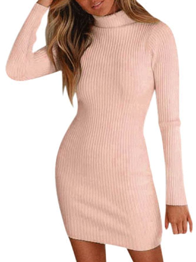 Slim Fit Casual High Neck Dresses White Dresses Pink Knee-length Bodycon Winter Dress, Fitted Beige Solid Color Mini Dress, Winter Slim Fit Long Sleeve Dresses, Winter Pink Midi Dress, Pink Knee-length Sweater Dress, Pink Knee-length Bodycon Dress For Fall, Fall Sheath Dress In Solid Color, Non-stretch Long Sleeve Dress For Fall, Non-stretch Fall Sheath Dress