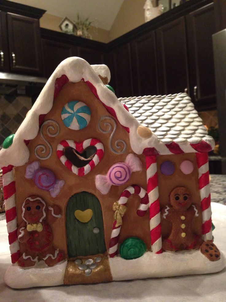 a gingerbread house decorated with candy canes and candies