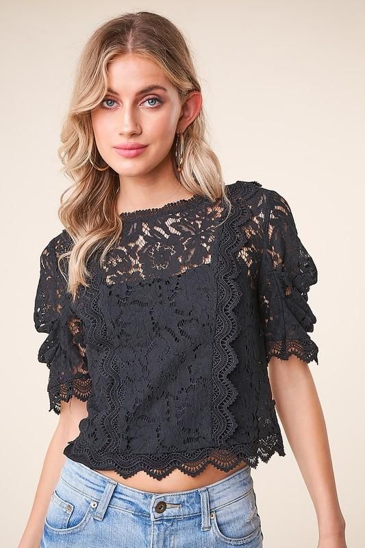 Add a touch of elegance to any outfit with the 'Romeo Romeo' balloon sleeve lace blouse! Dainty eyelash lace shapes a crew neckline, atop a contrasting crochet lace bodice framed by short, balloon sleeves. Cropped, scalloped hem finishes the flirty look. - Model is 5'9" and wearing size small. Available in black. 100% polyester. Imported. Black Top With Lace Short Sleeves, Black Short Sleeve Top With Lace Sleeves, Black Short Sleeve Tops With Lace Sleeves, Black Top With Lace Sleeves, Chic Scalloped Lace Fall Blouse, Summer Puff Sleeve Lace Top, Summer Lace Top With Puff Sleeves, Crew Neck Lace Top With Lace Sleeves For Fall, Black Lace Top With Crew Neck