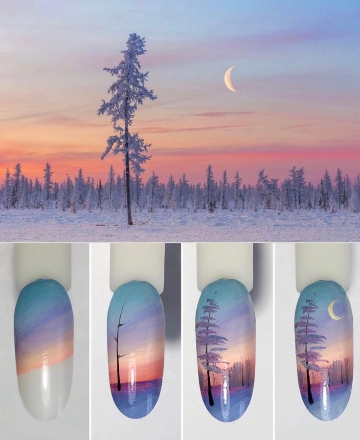 Nail Art Scenery, Nail Art Landscape, Landscape Nail Art Designs, Scenic Nail Art, Scenery Nail Art, Landscape Nail Art, Silhouette Nails, Christmas Nail Designs Easy, Cartoon Nail Designs