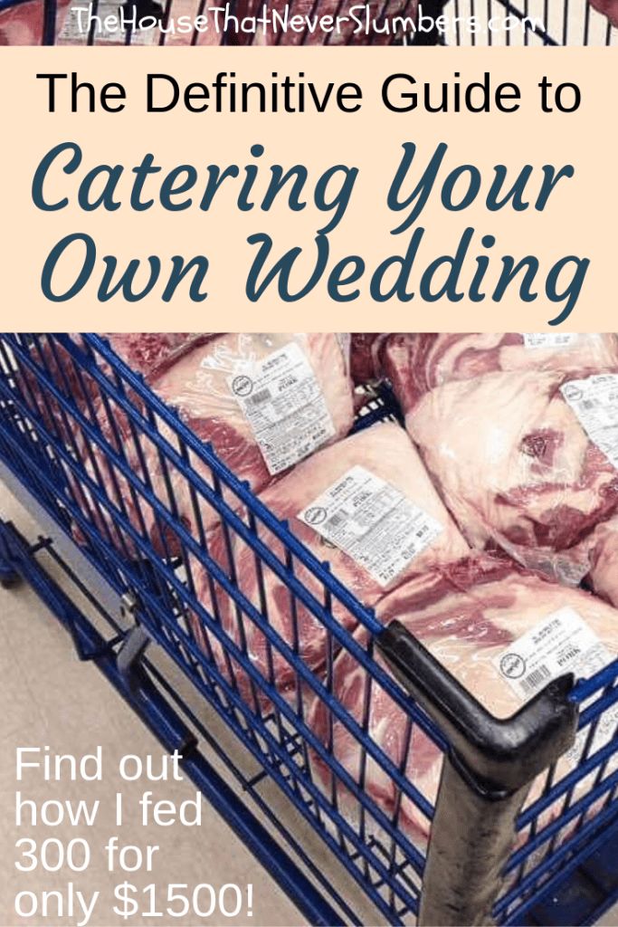 a blue shopping cart filled with meat in front of a store sign that says the definitive guide to catering your own wedding