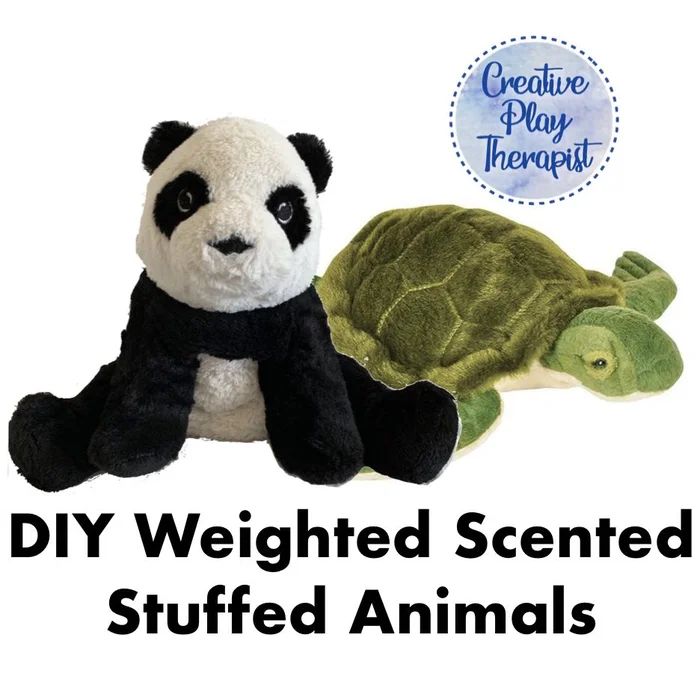 a stuffed panda bear sitting next to a stuffed turtle with the words diy weighted stuffed animals