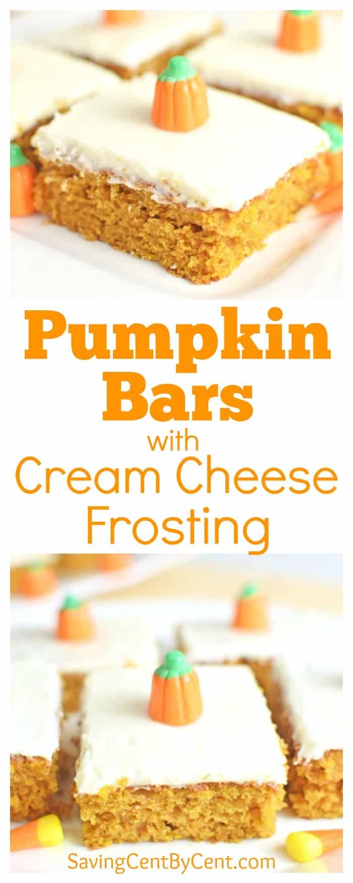 pumpkin bars with cream cheese frosting and candy on top are the perfect treat for halloween