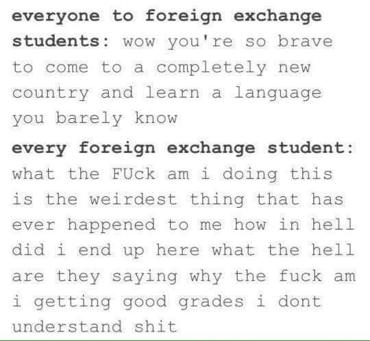 the text is written in black and white on a piece of paper that says, everyone to foreign exchange students