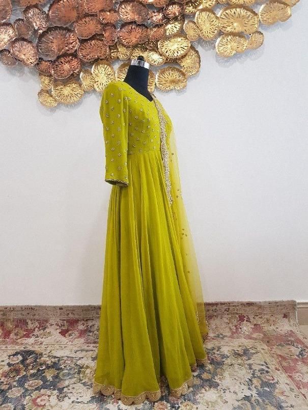 Parrot Green Chiffon Anarkali Set - Trendroots Embroidered Georgette Anarkali Set For Wedding, Wedding Embroidered Georgette Anarkali Set, Traditional Gown With Resham Embroidery In Georgette, Traditional Georgette Gown With Resham Embroidery, Semi-stitched Georgette Gown With Zari Work, Traditional Georgette Gown For Designer Wear, Traditional Designer Georgette Gown, Long Georgette Churidar With Resham Embroidery, Unstitched Resham Embroidered Georgette Gown