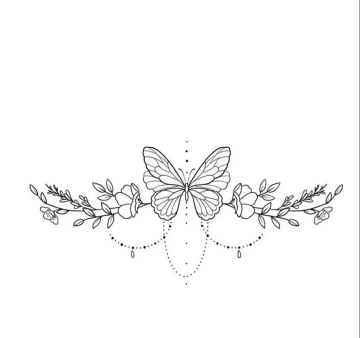 a line drawing of a butterfly with flowers and leaves on the bottom half of it