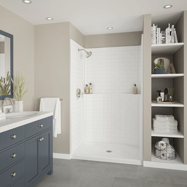 The Via collection by MAAX features a variety of sizes of 1-piece shower and tub shower units with a subway tile pattern. These cleverly designed models will definitely become an eye catcher in your new bathroom. MAAX Via 48-in W x 34-in L x 81.25-in H in White | 141501-000-002-100 One Piece Shower Stall, One Piece Shower, Lake Bathroom, Subway Tile Patterns, Subway Tile Design, Shower Stalls, Small Bathroom With Shower, Standing Shower, Shower Inserts