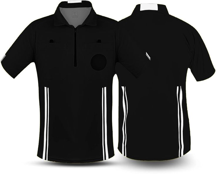 a black polo shirt with white stripes on the front and side, featuring an image of a