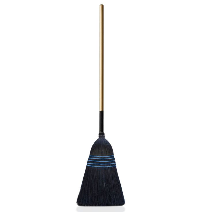 a black broom with a wooden handle and blue stripe on the top is shown in front of a white background