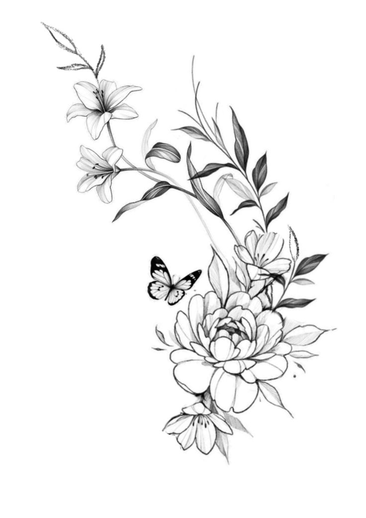 a black and white drawing of flowers with butterflies