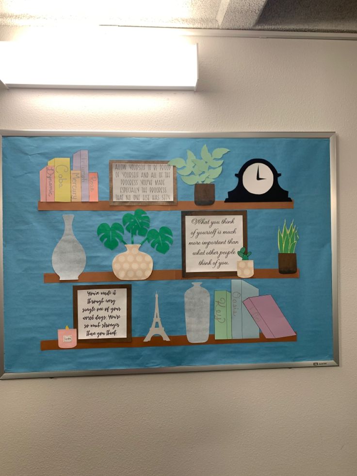 a bulletin board with books and plants on it