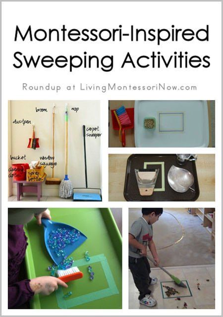 a collage of photos with the words montessori - inspired sweeping activities