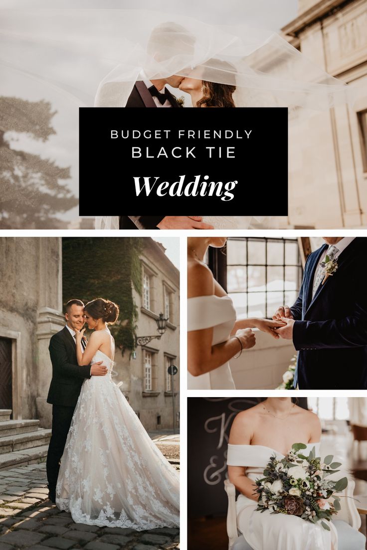 wedding photos with the words budget friendly black tie