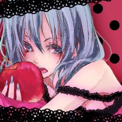 a girl with blue hair holding an apple