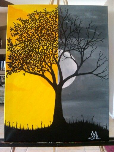 two paintings one with a tree and the other with a full moon on it's side