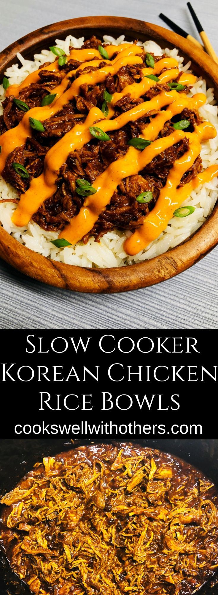 slow cooker korean chicken rice bowls with chopsticks on the side and an image of