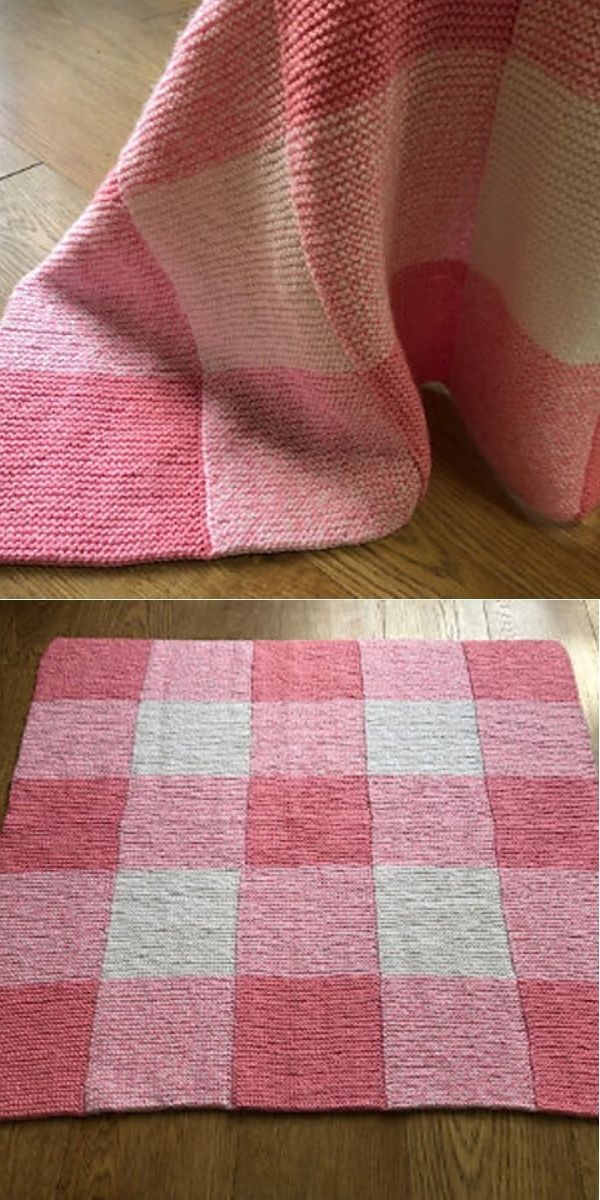 a pink and white checkered blanket laying on top of a wooden floor next to a rug