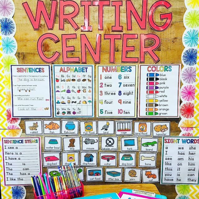 the writing center is filled with colorful papers and pencils