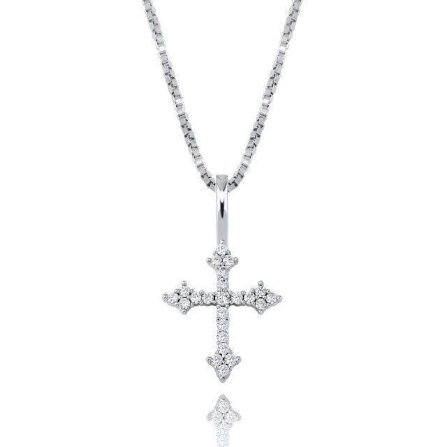 This cross pendant is created in real .925 Sterling Silver with white prong-set crystals and plated in 3 metal finishes .925 Sterling Silver, gold (vermeil), rose gold (vermeil) Strung on an 18" or 20" Venetian box chain Cross measures 28mm inclusive of bail Spring clasp closure Prong-set stones Clear zircon diamonds Crystal Cross, Religious Cross, Party Necklace, Gold Cross Necklace, Fancy Diamonds, Charm Pendant Necklace, Cross Jewelry, Cross Charms, Gold Cross