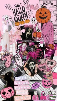 a collage of halloween related items and stickers on a pink background with white writing