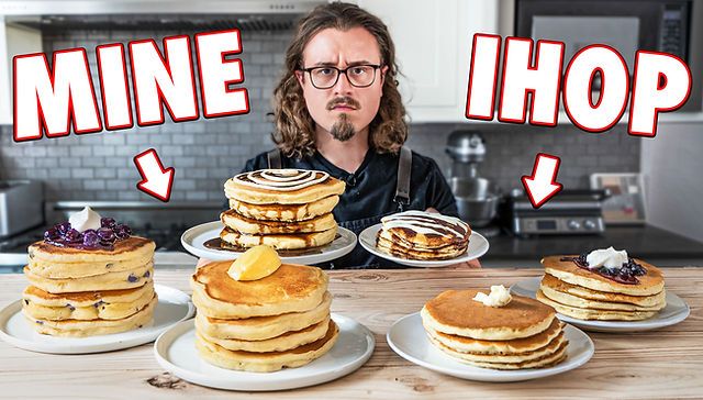 a man sitting in front of stacks of pancakes with the words mine ihop above them