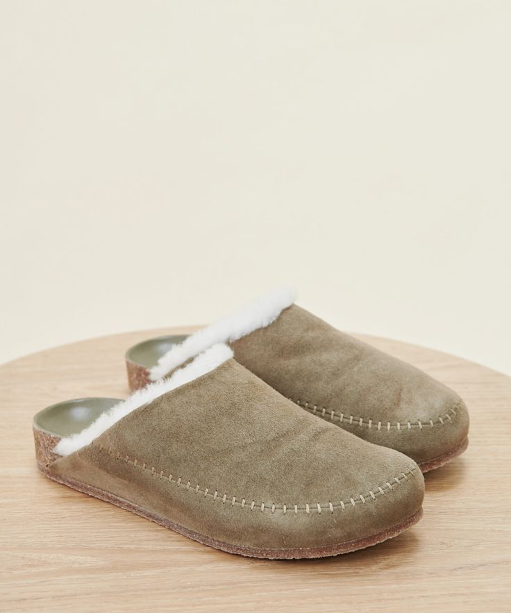 Shearling-Lined Moc Clog Laurel Our take on the classic shearling clogs. As luxuriously cozy as slippers, but made to be worn anywhere. We know that comfort is key—with a cork sole that molds to your feet, you'll never want to take these off. Suede with shearling lining. Handmade in Italy. Shearling Clogs, Black Slippers, Jenni Kayne, Leather Clogs, Mule Clogs, Slide Slipper, Mules Shoes, Leather Slip Ons, Slip On Shoes