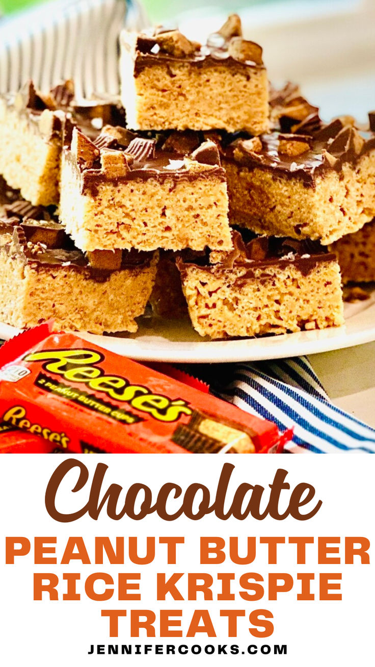 chocolate peanut butter rice krispy treats stacked on top of each other with text overlay