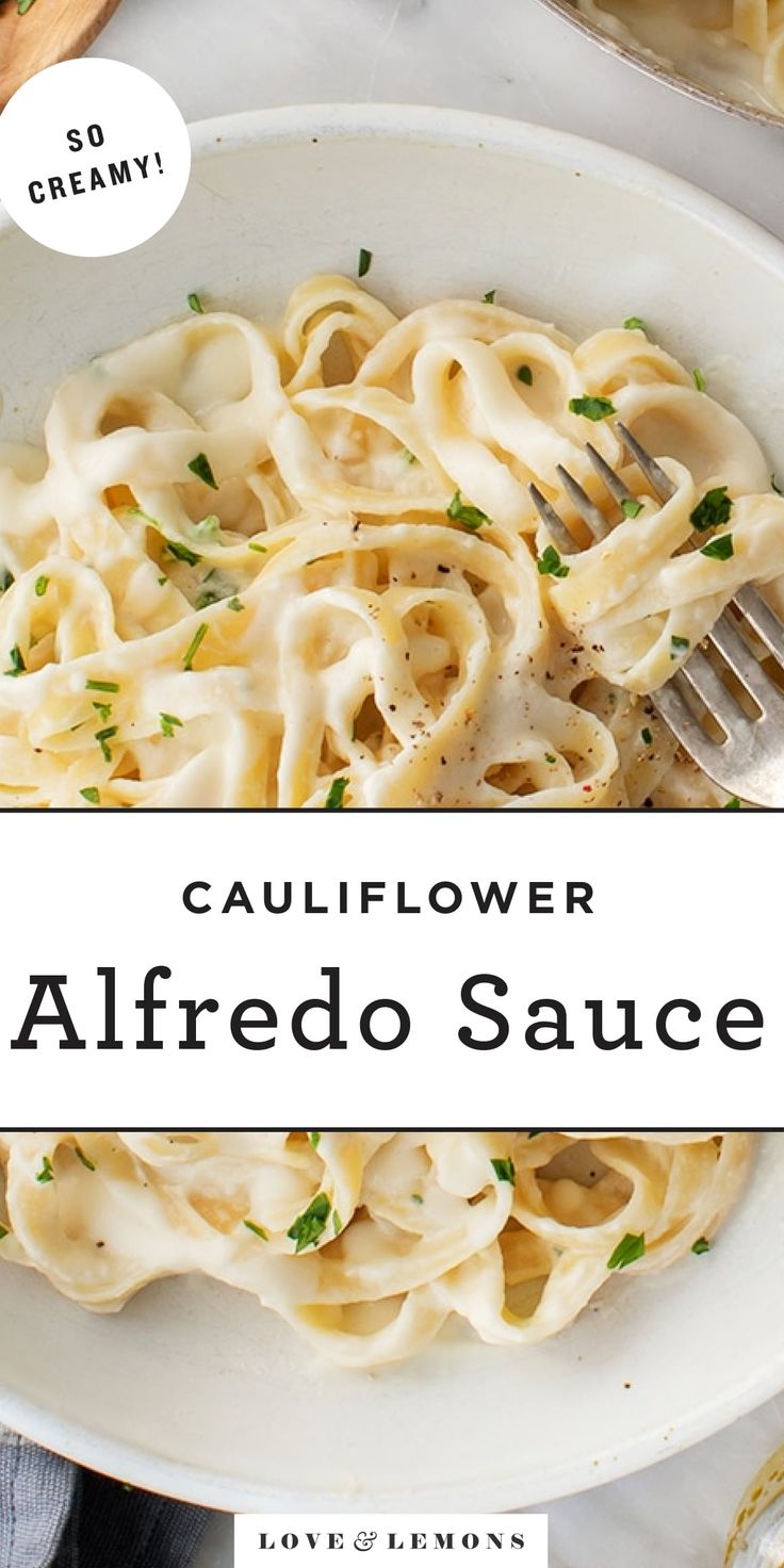 a plate of alfredo sauce with a fork in it and the title overlay reads cauliflower alfredo sauce