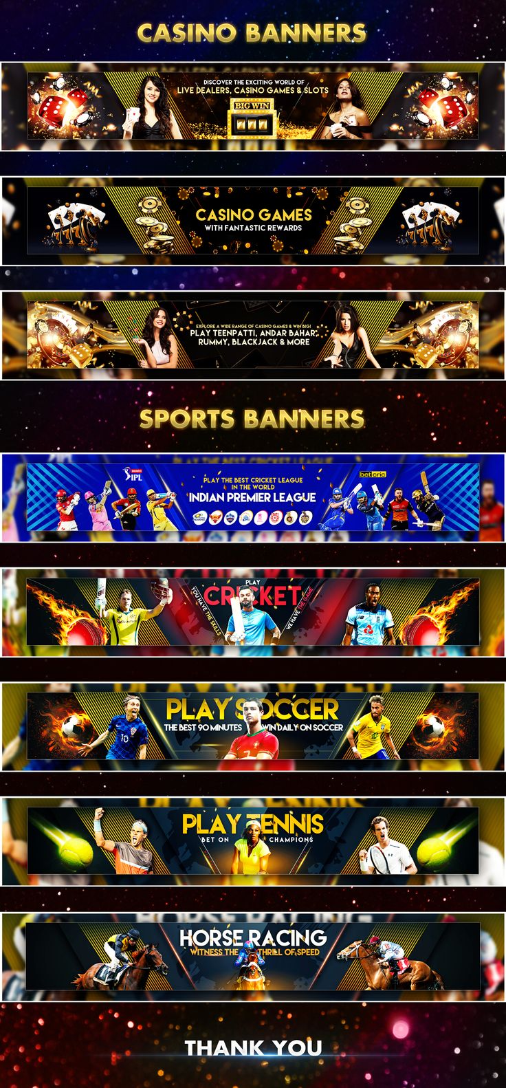 a bunch of banners that are all different colors and sizes, with the words casino games on