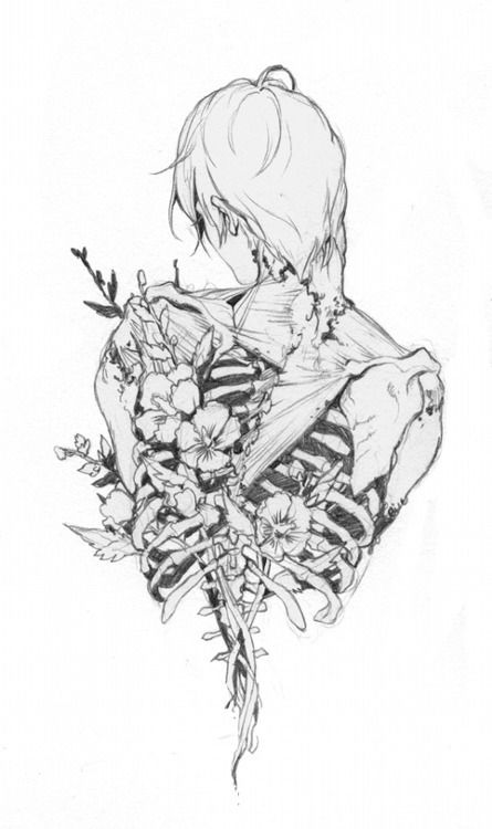 a black and white drawing of a girl with flowers in her hair holding a bouquet