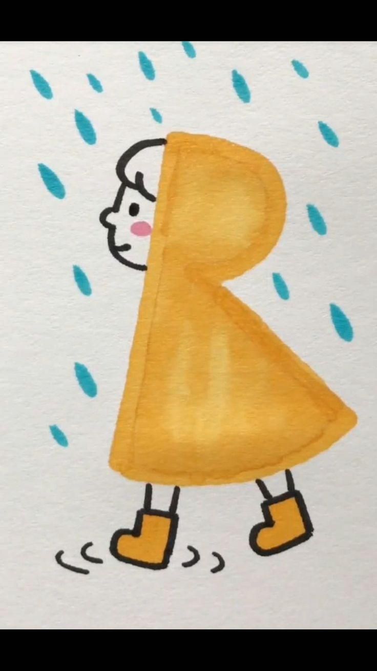 a child's drawing of a person holding an umbrella in the rain with water droplets