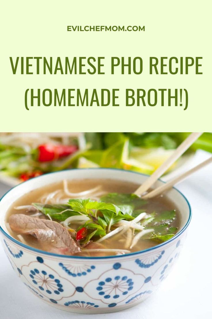 vietnamese pho recipe homemade broth in a blue and white bowl with chopsticks