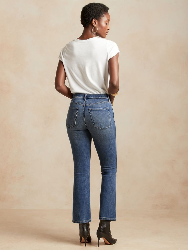 CROPPED BOOTCUT: High-waisted, slim from hip to thigh with a gently flared leg.  Cropped length to show off your shoes.  STRETCH DENIM: Luxuriously soft, this stretch denim moves with you.  SUSTAINABLE: Made with recycled polyester and recycled cotto Your Shoes, Recycled Cotton, Cropped Jeans, Jeans And Boots, Stretch Denim, New Product, Banana Republic, Levi Jeans, Mom Jeans