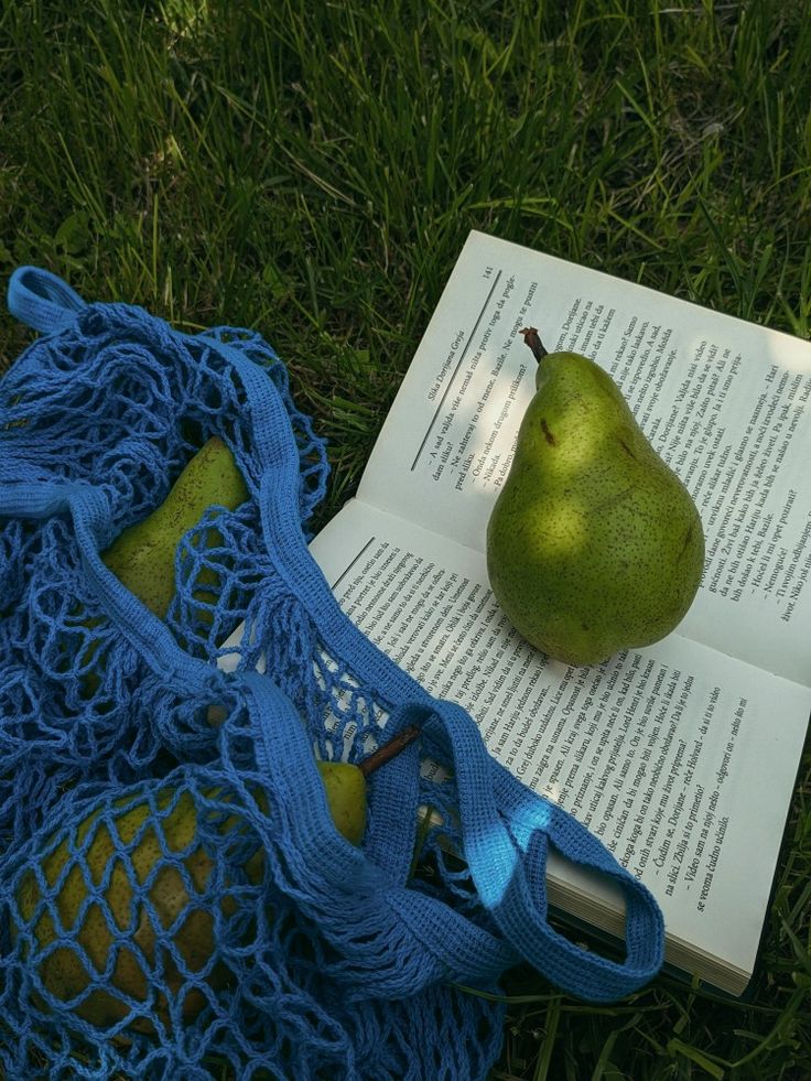 an open book and two pears on the grass with a blue bag next to it