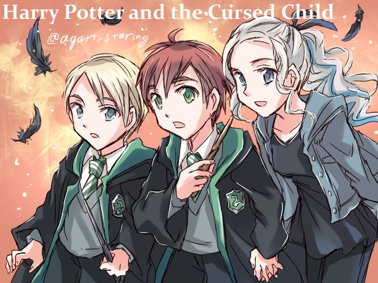 three harry potter and the cursed child characters with bats in the sky behind them