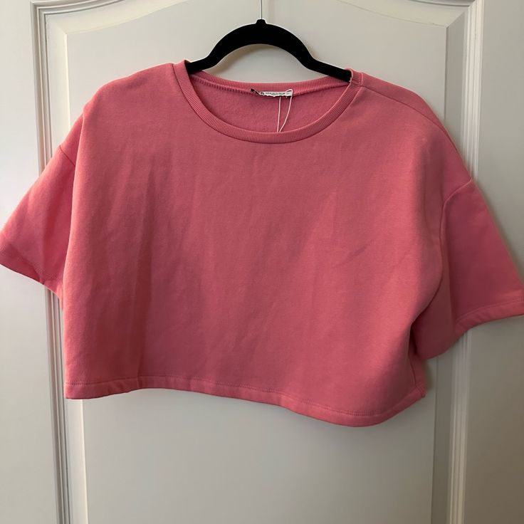 New With Tags And In Great Condition. Size Medium Casual Cropped T-shirt For Spring Day Out, Pink Casual Crop Top T-shirt, Zara Pink Casual T-shirt, Spring Crew Neck Tops For Loungewear, Pink Relaxed Fit Crop Top With Crew Neck, Casual Pink Crop Top T-shirt, Casual Crew Neck Crop Top For Loungewear, Casual Spring Loungewear Crop Top, Casual Pink Short Sleeve Top For Spring