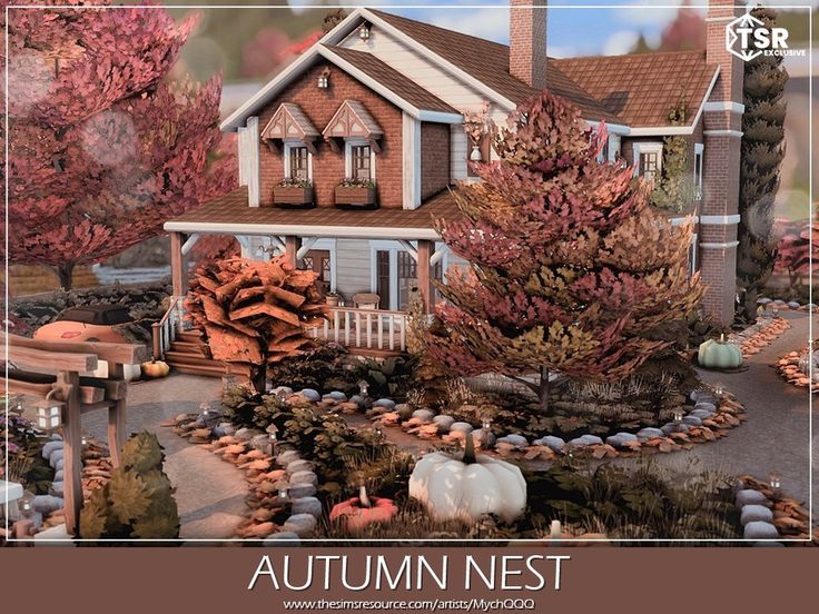 an autumn nest is shown in front of a house with fall foliages and pumpkins