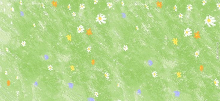 an abstract painting of daisies and other flowers on a green background with pastel colors