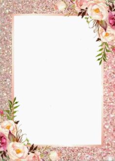 a square frame with pink flowers and glitters on the edges, in front of a white background