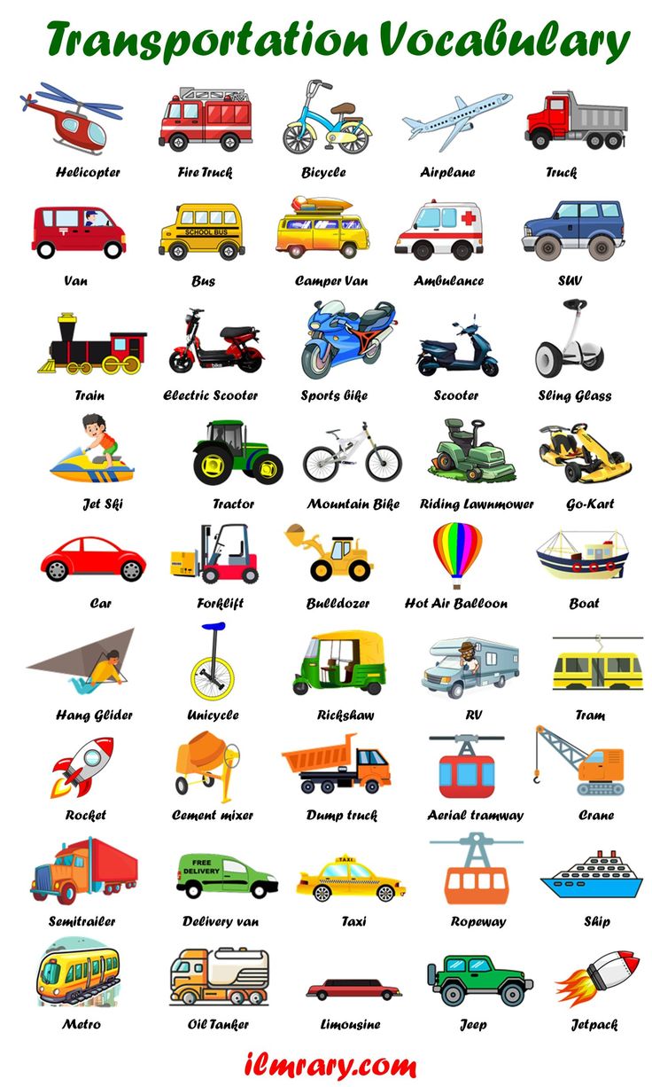 a poster with different types of vehicles and trucks on it's sides, including the words transportation vocadulary